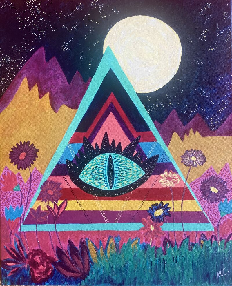 Ojo y triángulo con montañas y luna — álmica