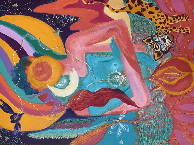 Figura femenina con sol, luna y jaguar — álmica