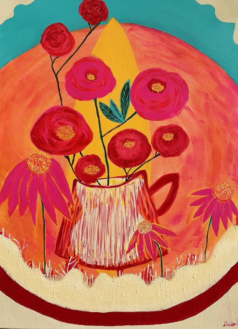 Rosas en jarrón sobre fondo naranja y turquesa — álmica